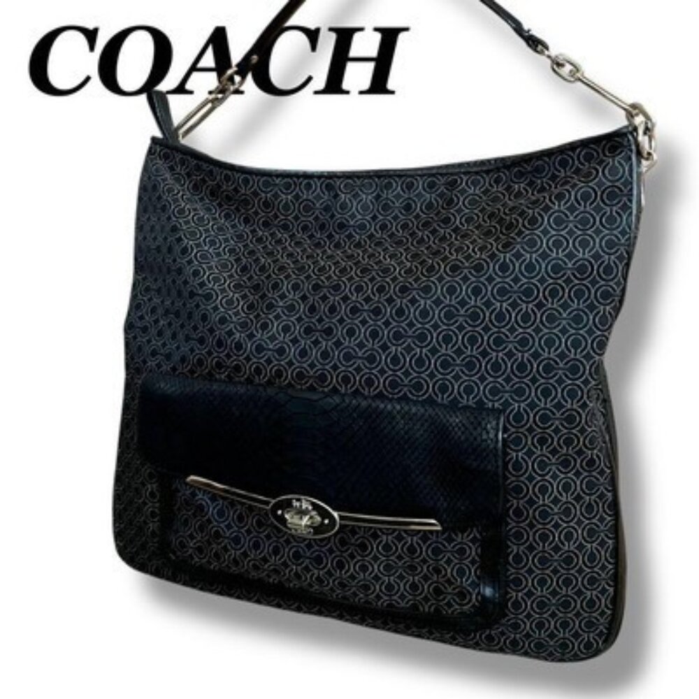 Like New Coach Madison Art Pearlescent Signature Black Shoulder Bag Purse
